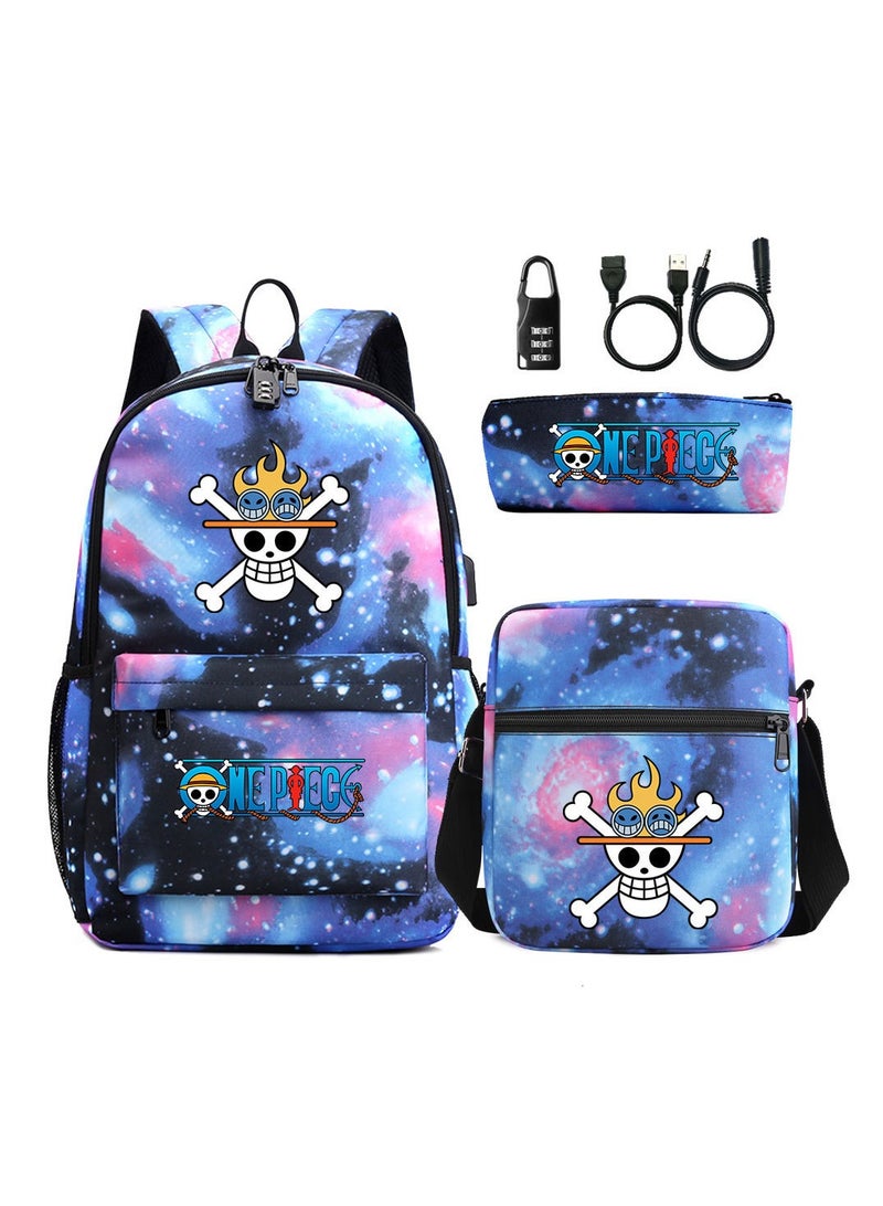 Comic USB password lock backpack three-piece set