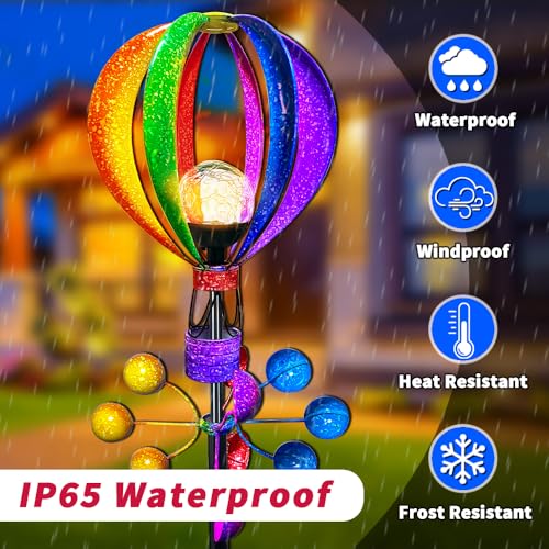 KUKEO Solar Wind Spinner Outdoor - Hot Air Balloon Wind Spinners, Metal Garden Decor with LED Lights, 360° Rotating Waterproof Yard Decorations, Solar Powered for Day & Night, Lawn & Patio Windmill - Image 4