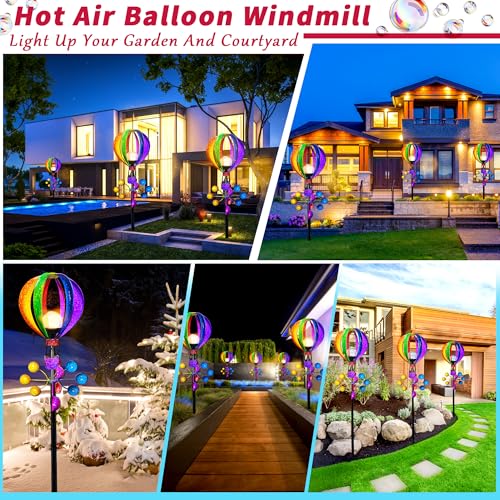 KUKEO Solar Wind Spinner Outdoor - Hot Air Balloon Wind Spinners, Metal Garden Decor with LED Lights, 360° Rotating Waterproof Yard Decorations, Solar Powered for Day & Night, Lawn & Patio Windmill - Image 5