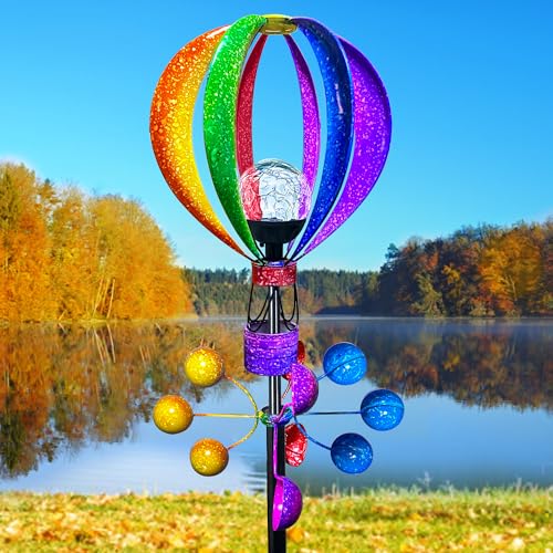 KUKEO Solar Wind Spinner Outdoor - Hot Air Balloon Wind Spinners, Metal Garden Decor with LED Lights, 360° Rotating Waterproof Yard Decorations, Solar Powered for Day & Night, Lawn & Patio Windmill - Image 1