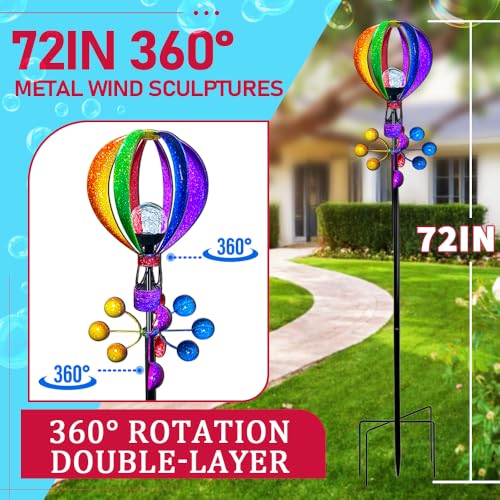 KUKEO Solar Wind Spinner Outdoor - Hot Air Balloon Wind Spinners, Metal Garden Decor with LED Lights, 360° Rotating Waterproof Yard Decorations, Solar Powered for Day & Night, Lawn & Patio Windmill - Image 3
