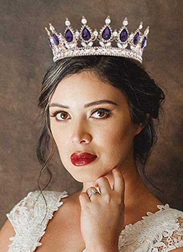 Foyte Baroque Queen Crown and Tiara Sparkly Rhinestone Wedding Crown Bride Tiaras Princess Full Round Tiaras Headpieces for Women (Purple) - Image 3