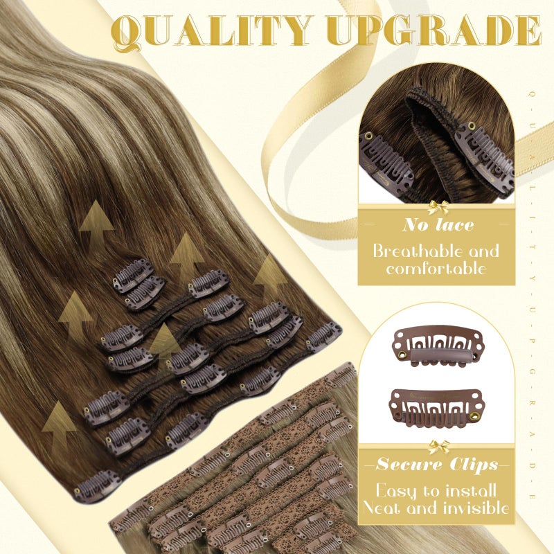 Ve Sunny Clip in Hair Extensions Brown Human Hair Clip in Extensions for Women Clip in Extensions Real Human Hair Chestnut Brown Balayage Platinum Blonde Easy to Wear 7pcs 20inch 120g - Image 2