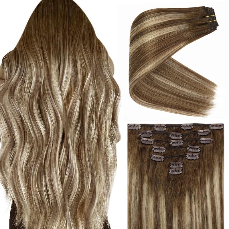 Ve Sunny Clip in Hair Extensions Brown Human Hair Clip in Extensions for Women Clip in Extensions Real Human Hair Chestnut Brown Balayage Platinum Blonde Easy to Wear 7pcs 20inch 120g - Image 1