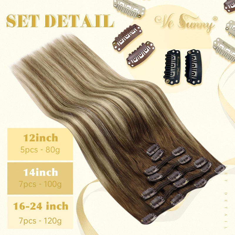 Ve Sunny Clip in Hair Extensions Brown Human Hair Clip in Extensions for Women Clip in Extensions Real Human Hair Chestnut Brown Balayage Platinum Blonde Easy to Wear 7pcs 20inch 120g - Image 3