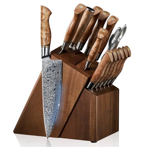 Senken Knives SENKEN 16-Piece Damascus Knife block Set - The Dynasty Collection - Japanese VG10 Damascus Steel with Natural Sycamore Wood Handles, Steak Knives, Scissors, & Sharpening Rod (16-Piece Knife Block Set) - Image 1