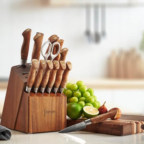 Senken Knives SENKEN 16-Piece Damascus Knife block Set - The Dynasty Collection - Japanese VG10 Damascus Steel with Natural Sycamore Wood Handles, Steak Knives, Scissors, & Sharpening Rod (16-Piece Knife Block Set) - Image 5