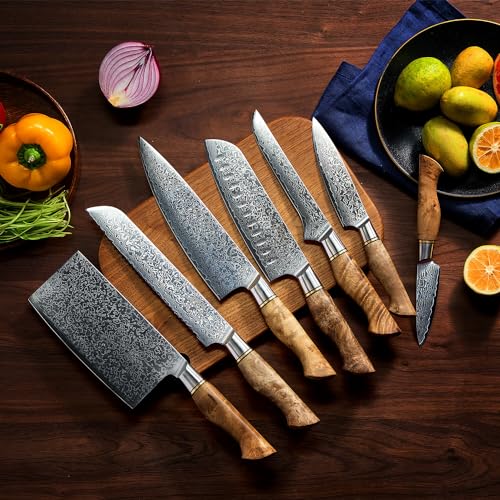 Senken Knives SENKEN 16-Piece Damascus Knife block Set - The Dynasty Collection - Japanese VG10 Damascus Steel with Natural Sycamore Wood Handles, Steak Knives, Scissors, & Sharpening Rod (16-Piece Knife Block Set) - Image 3