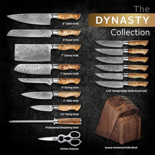 Senken Knives SENKEN 16-Piece Damascus Knife block Set - The Dynasty Collection - Japanese VG10 Damascus Steel with Natural Sycamore Wood Handles, Steak Knives, Scissors, & Sharpening Rod (16-Piece Knife Block Set) - Image 4