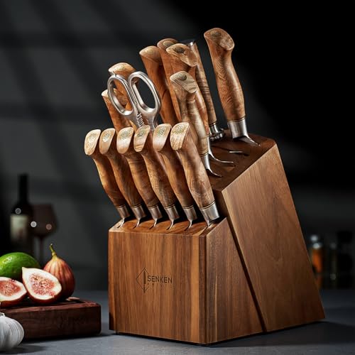 Senken Knives SENKEN 16-Piece Damascus Knife block Set - The Dynasty Collection - Japanese VG10 Damascus Steel with Natural Sycamore Wood Handles, Steak Knives, Scissors, & Sharpening Rod (16-Piece Knife Block Set) - Image 2