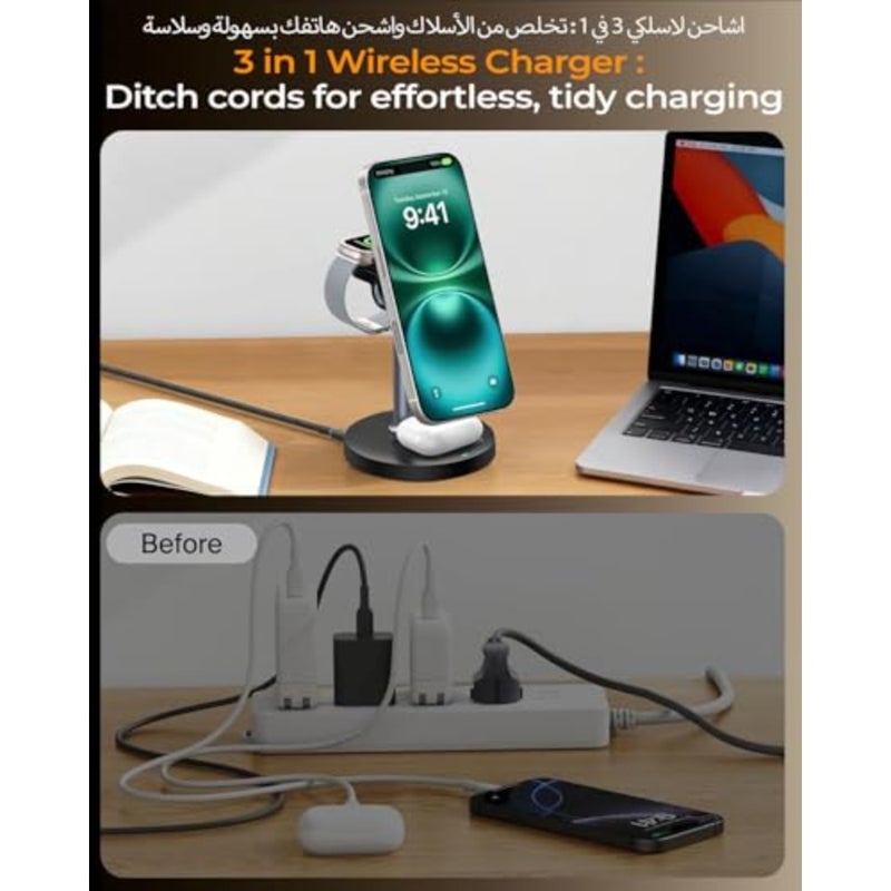 محطة شحن لاسلكية 3 في 1 لأجهزة Apple iPhone وAirpods والساعة مع حامل شاحن MagSafe، وحامل شحن سريع مغناطيسي بقدرة 15 وات، ومحطة شحن لاسلكية لأجهزة Samsung وiPhone 17 16 15 14 13 12 - Image 4