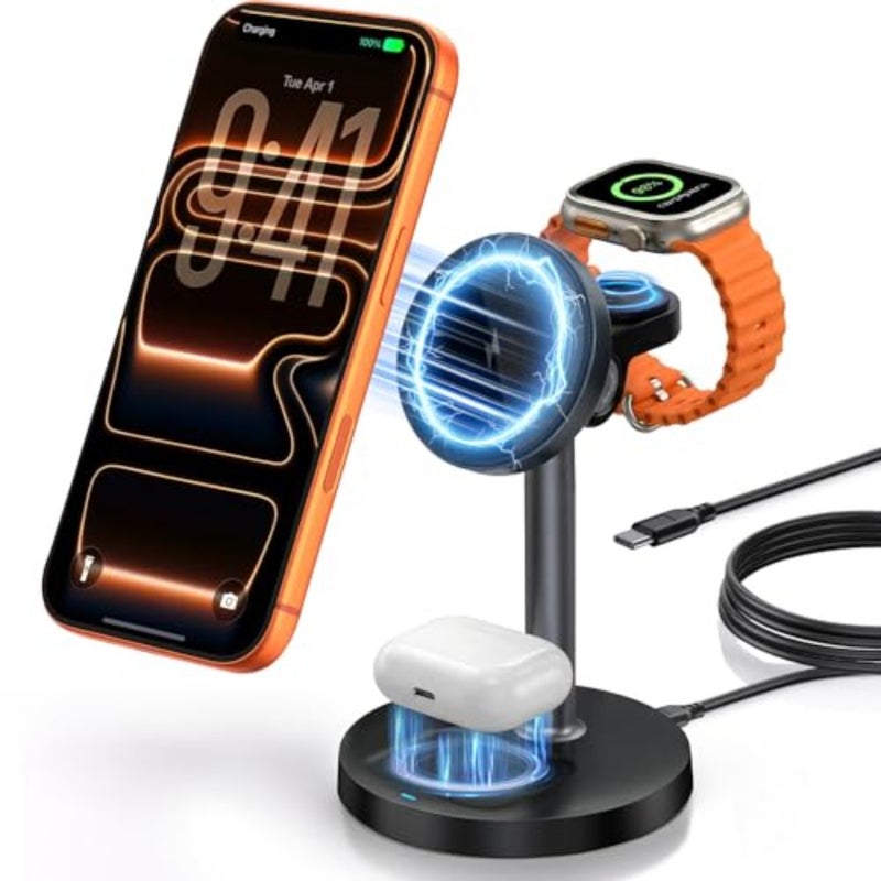 محطة شحن لاسلكية 3 في 1 لأجهزة Apple iPhone وAirpods والساعة مع حامل شاحن MagSafe، وحامل شحن سريع مغناطيسي بقدرة 15 وات، ومحطة شحن لاسلكية لأجهزة Samsung وiPhone 17 16 15 14 13 12 - Image 1