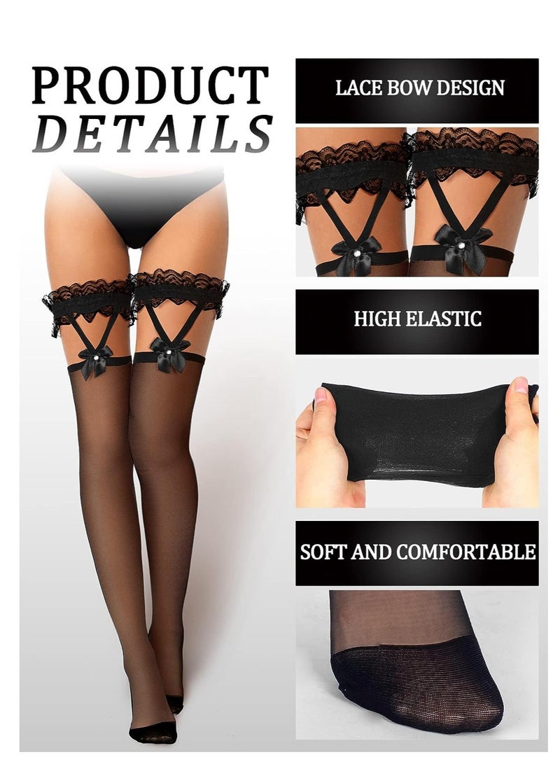 Bow Thigh High Socks 2 Pairs Lace Hold up Stockings Women's Suspender Stockings for Cosplay Costumes Daily Favors - Image 2