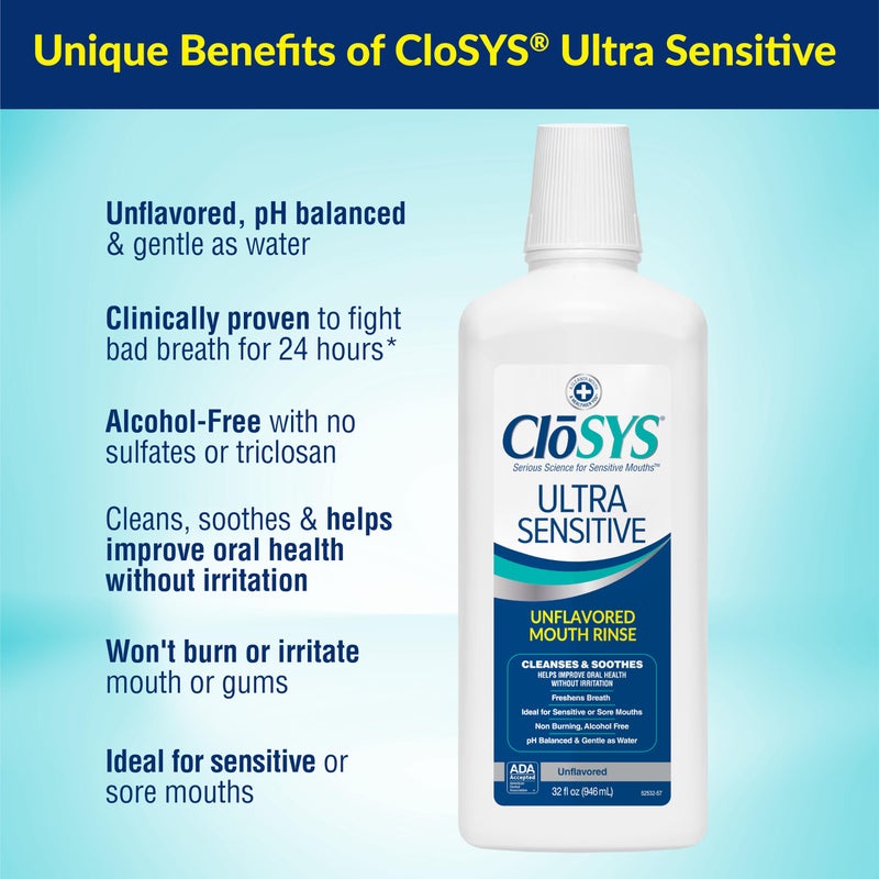 CloSYS غسول فم CloSYS فائق الحساسية، بدون نكهة، خالي من الكحول، خالي من الأصباغ، متوازن الحموضة، يساعد على تهدئة الفم بالكامل – 32 أونصة (عبوة من 2) - Image 2