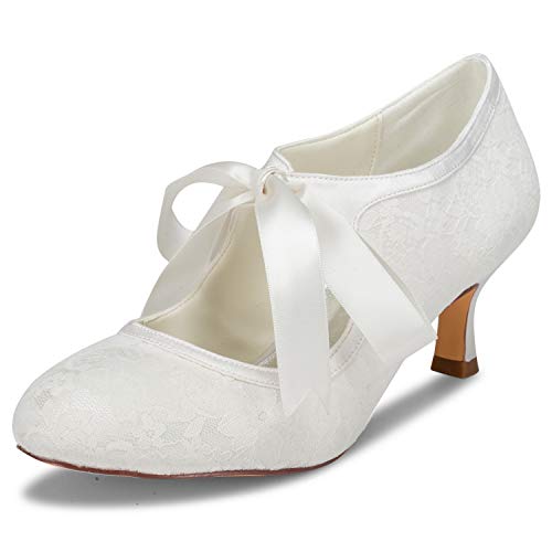 JIAJIA 140311 Women's Bridal Shoes Closed Toe Stiletto Heel Lace Satin Pumps Ribbon Tie Wedding Shoes Color Ivory,Size 8 B(M) US/39 EU - Image 1