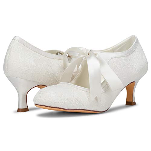 JIAJIA 140311 Women's Bridal Shoes Closed Toe Stiletto Heel Lace Satin Pumps Ribbon Tie Wedding Shoes Color Ivory,Size 8 B(M) US/39 EU - Image 3