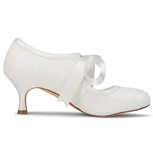 JIAJIA 140311 Women's Bridal Shoes Closed Toe Stiletto Heel Lace Satin Pumps Ribbon Tie Wedding Shoes Color Ivory,Size 8 B(M) US/39 EU - Image 5