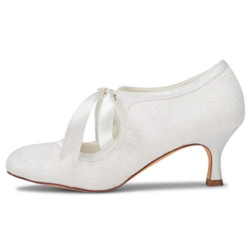 JIAJIA 140311 Women's Bridal Shoes Closed Toe Stiletto Heel Lace Satin Pumps Ribbon Tie Wedding Shoes Color Ivory,Size 8 B(M) US/39 EU - Image 4