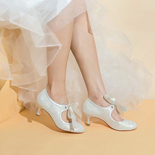 JIAJIA 140311 Women's Bridal Shoes Closed Toe Stiletto Heel Lace Satin Pumps Ribbon Tie Wedding Shoes Color Ivory,Size 8 B(M) US/39 EU - Image 2