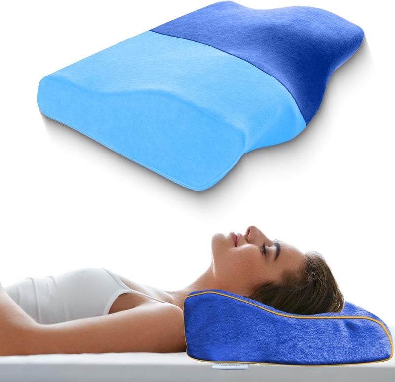 Sleepsia وسادة Sleepsia المخصصة لدعم العمود الفقري العنقي مع مادة الجل لتخفيف آلام ا��رقبة والكتفين | توفر دعمًا إضافيًا للرقبة | وسادة طبية مزودة بغطاء قابل للتنفس | لون أزرق فاخر - Image 1