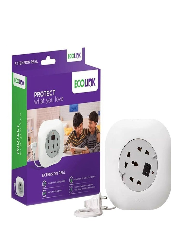 EcoLink Extension Reel 4 Meter | Retractable Cable | Multi-Socket Power Reel | Heavy-Duty Build | Home, Shop & Workshop Use | Pack of 1, White - Image 1