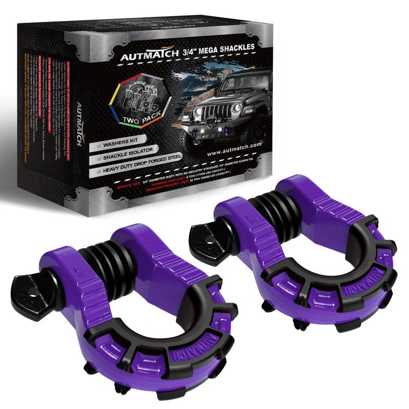 AUTMATCH D Ring Shackles 34 Mega Shackle 2 Pack 68000Ibs Break Strength Clevis Shackles 78 Screw Pin and D Shackle Isolator Washers Kit for Tow Strap Winch Off Road Vehicle Recovery Purple
