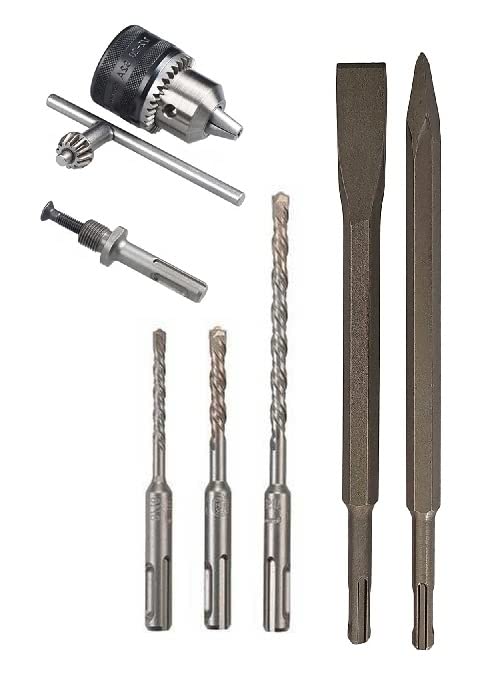Inditrust SDS-Plus Flat Chisel & Point Bit Set Rotary Hammer Drills, 6 x 110mm 8x110 mm 10x160mm SDS Plus Masonry Twin Spiral 1/2" Drill Chuck 3-Jaw Key Chuck with SDS-Plus Adapter 1.5-13mm Capacity - Image 5