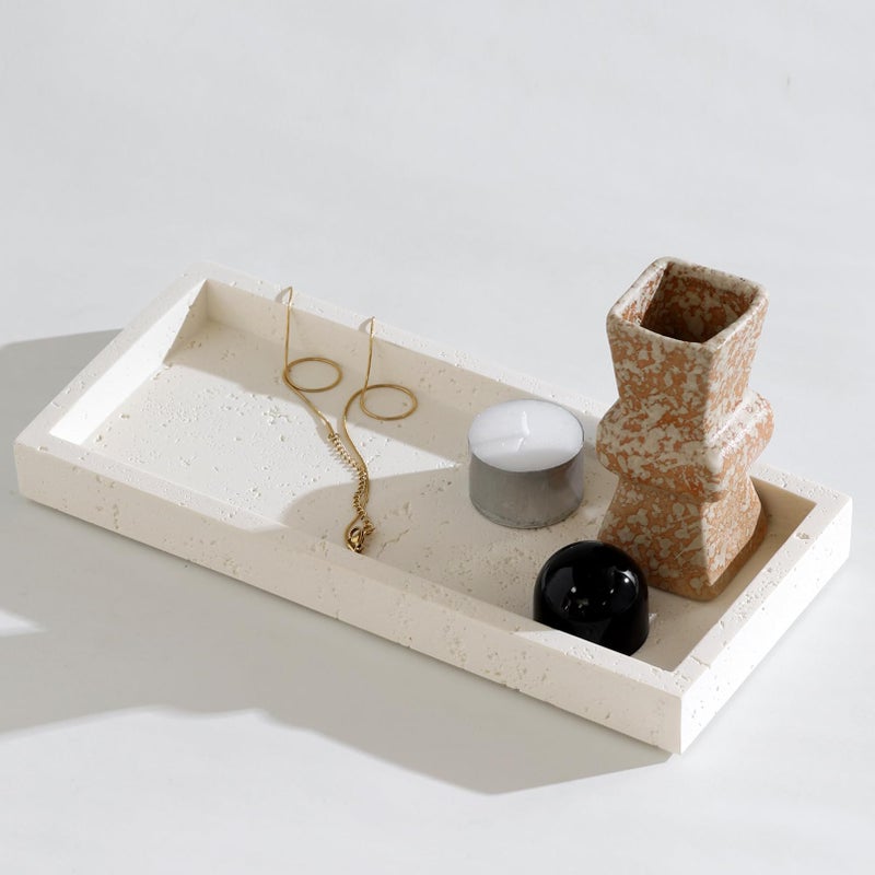 Haocoott Jewelry Tray Bathtub, Resin Stone Look Decorative Perfume Tray, Bathroom Marble Vanity Organizer Plate Holder for Ring Soap Towel Small Things on Kitchen Sink Countertop (Off White, Small) - Image 1