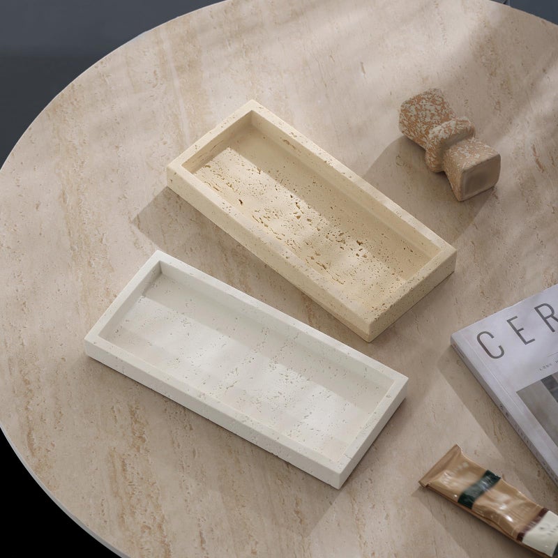 Haocoott Jewelry Tray Bathtub, Resin Stone Look Decorative Perfume Tray, Bathroom Marble Vanity Organizer Plate Holder for Ring Soap Towel Small Things on Kitchen Sink Countertop (Off White, Small) - Image 4