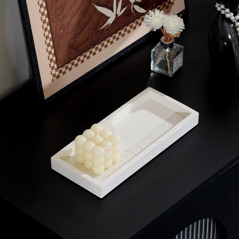 Haocoott Jewelry Tray Bathtub, Resin Stone Look Decorative Perfume Tray, Bathroom Marble Vanity Organizer Plate Holder for Ring Soap Towel Small Things on Kitchen Sink Countertop (Off White, Small) - Image 5