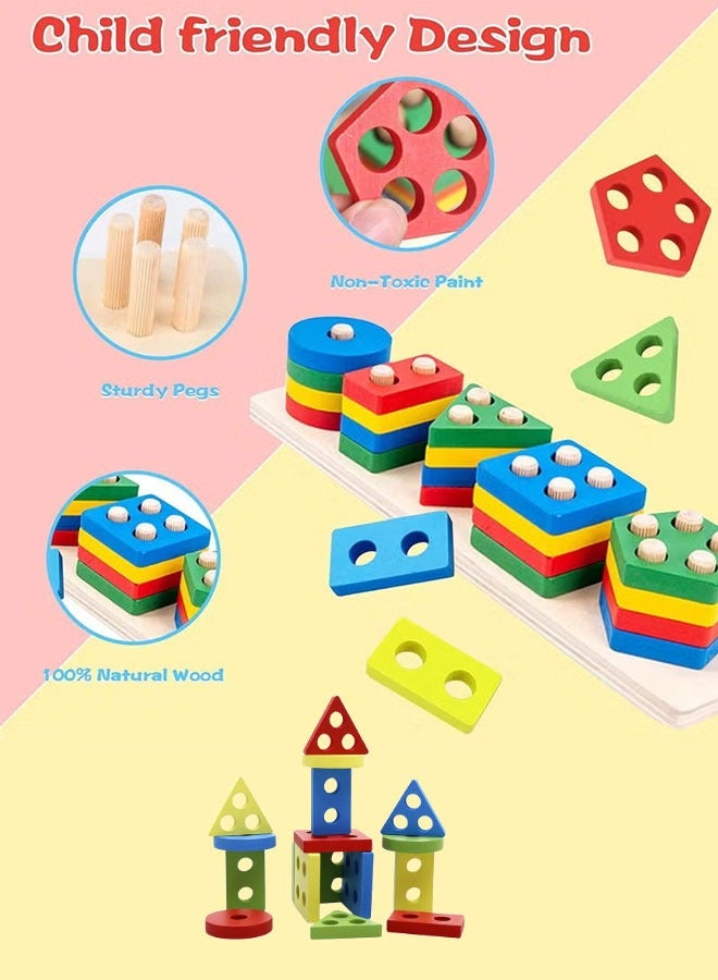 Wooden Sorting & Stacking Toy, Geometric Shape and Color Recognition Puzzle with Lacing String, Educational Learning Game for Toddlers, Multi-Color - Image 4