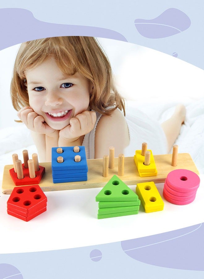 Wooden Sorting & Stacking Toy, Geometric Shape and Color Recognition Puzzle with Lacing String, Educational Learning Game for Toddlers, Multi-Color - Image 1