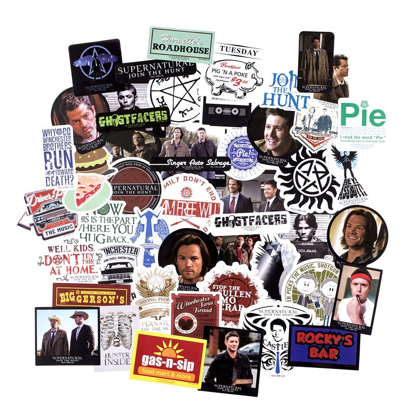 Conquest Journals Supernatural Winchester Brothers Vinyl Sticker Pack, 60 Unique Waterproof Decals, Featuring Sam, Dean, Castiel & Iconic Quotes, Includes 5 Holographic Stickers, Officially Licensed - Image 1
