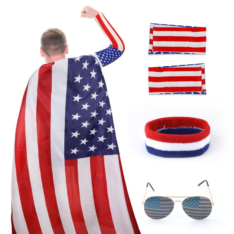 XIHIRCD 4th of July American Flag Costume Cape, American USA Sunglasses & USA Flag Headband & Sleeves for Women Men 4th of July Independence Day Accessories Fourth of July Outfit Halloween Party Supplies - Image 1