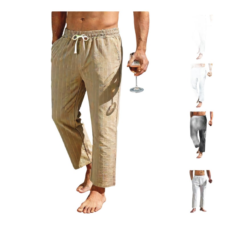 Linen Drawstring Casual Pants with Striped Pattern for Men - Image 1