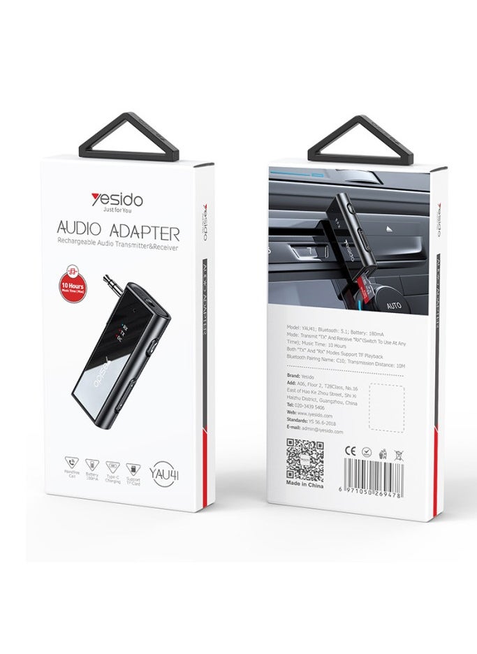 يسيدو - محول صوت بلوتوث YAU41 من Yesido (TX+RX)، إصدار 5.0، تشغيل لمدة 10 ساعات، تشغيل موسيقى بطاقة TF، أوضاع الإرسال والاستقبال، قابل لإعادة الشحن، أسود - Image 1