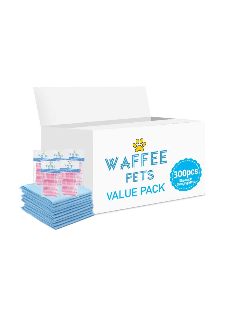 Waffee Waffee Disposable Changing Mat  300 + Pack of 5 Refill  PINK (15 Rolls) 300 Nappy Bags  - Image 1