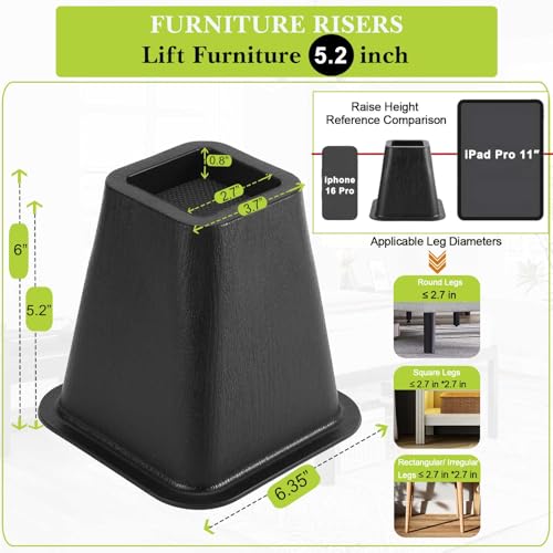 Yookwutar 4 Pack Furniture Risers 6 Inch, Bed Risers Heavy Duty for Table Desk Couch Chair Sofa Cabinet Bed Frame Dorm, Square Table Leg Risers Lift Height 6", Black - Image 2