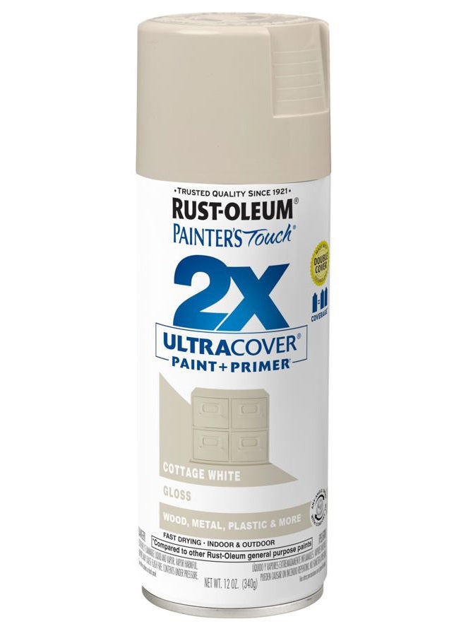 RUST-OLEUM 334040 Painter's Touch 2X Ultra Cover Spray Paint, 12 oz, Gloss Cottage White - Image 1