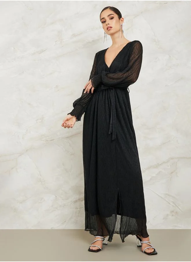 Styli Shimmer Look Maxi Dress with Volume Sleeve