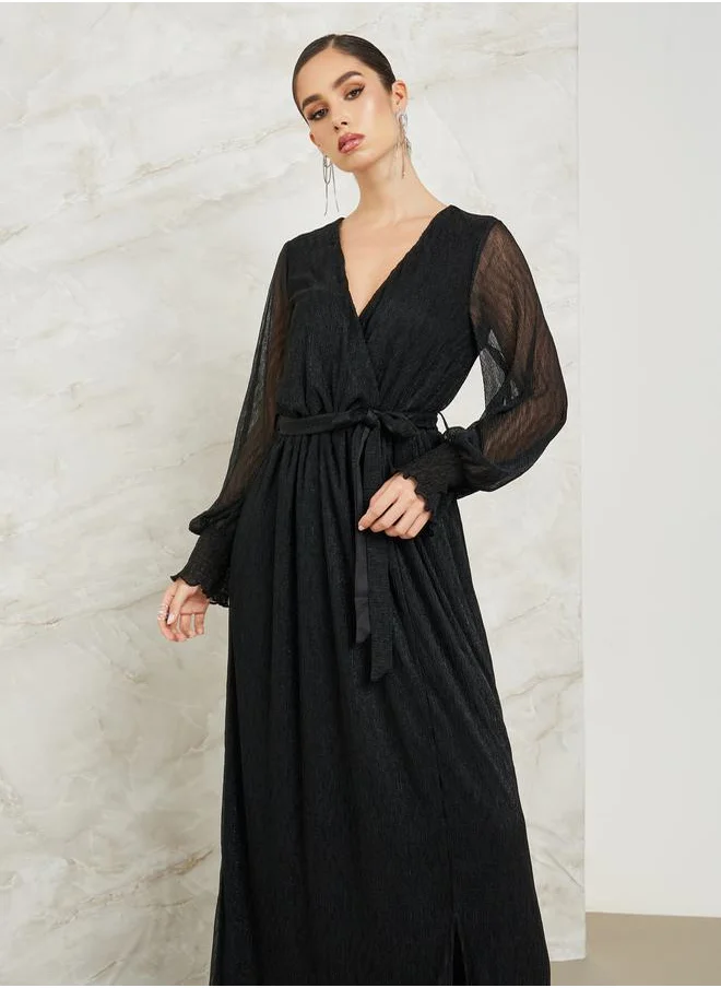 Styli Shimmer Look Maxi Dress with Volume Sleeve