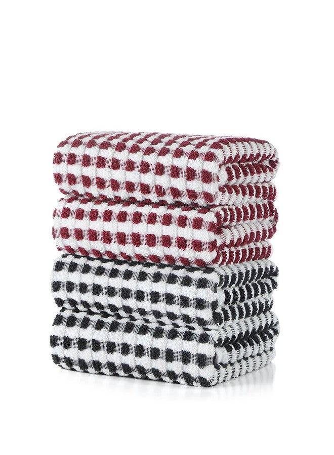 SALAS Cotton Dish Towels Cloths for Kitchen Drying Dishes, Lattice Terry Kitchen Towels, Absorbent Cloths with Hanging Loop, 16‘’ x 26‘’, 4 Packs, Wine Red and Black - Image 1