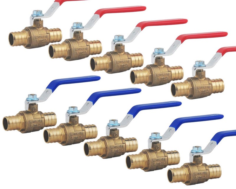 LD- 3/4" PEX Brass Ball Valve, 3/4-in PEX No Lead Brass Shut off Ball Valve with Red & Blue Long Lever Or T Handle,Pex Barb Water Valve with cUPC Certified for Cold and Hot water (10-Pack) - Image 1