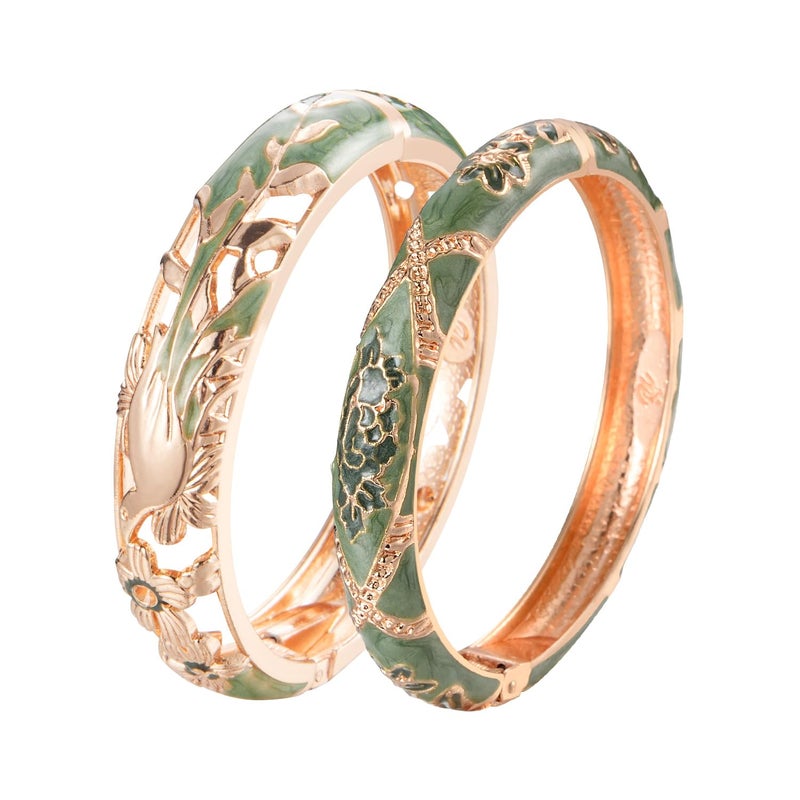 wynameleri Vintage Cloisonne Jewelry Gorgeous Rhinestone Handcrafted Bracelets Enamel Flower Bird Hinged Cuff Bangles Gifts 88A31-55A128 Green - Image 1
