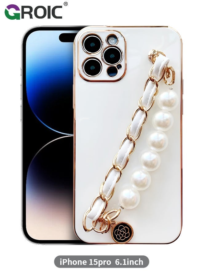 GROIC iPhone 15 Pro Phone Case with Fashion Pearl Bracelet Strap,Luxury Plating Cover,White TPU Shell for Women,Camera Protection Shockproof Bumper 6.1 Inch - Image 1