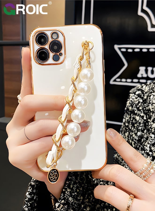 GROIC iPhone 15 Pro Phone Case with Fashion Pearl Bracelet Strap,Luxury Plating Cover,White TPU Shell for Women,Camera Protection Shockproof Bumper 6.1 Inch - Image 2