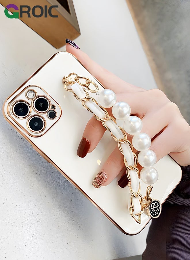 GROIC iPhone 15 Pro Phone Case with Fashion Pearl Bracelet Strap,Luxury Plating Cover,White TPU Shell for Women,Camera Protection Shockproof Bumper 6.1 Inch - Image 5