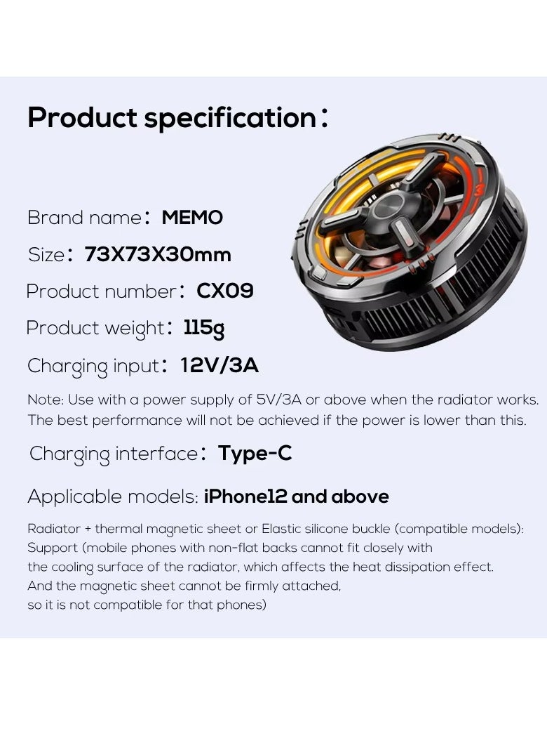 Memo CX09 Phone Cooling Fan, Phone Cooler, Tablet Cooler with 3 Gears Can Freeze Phone Cooler Black