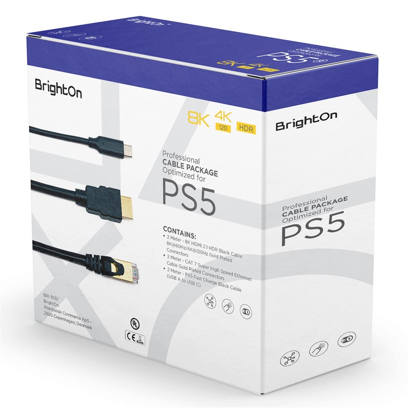 BrightOn - Optimized Set Compatible with PS5 | 8K HDMI 2.1 HDR 8K@60Hz/4K@120Hz Gold Plated | CAT 7 Super High Speed Gold Plated | Fast Charge Cable (PS5) - Image 1