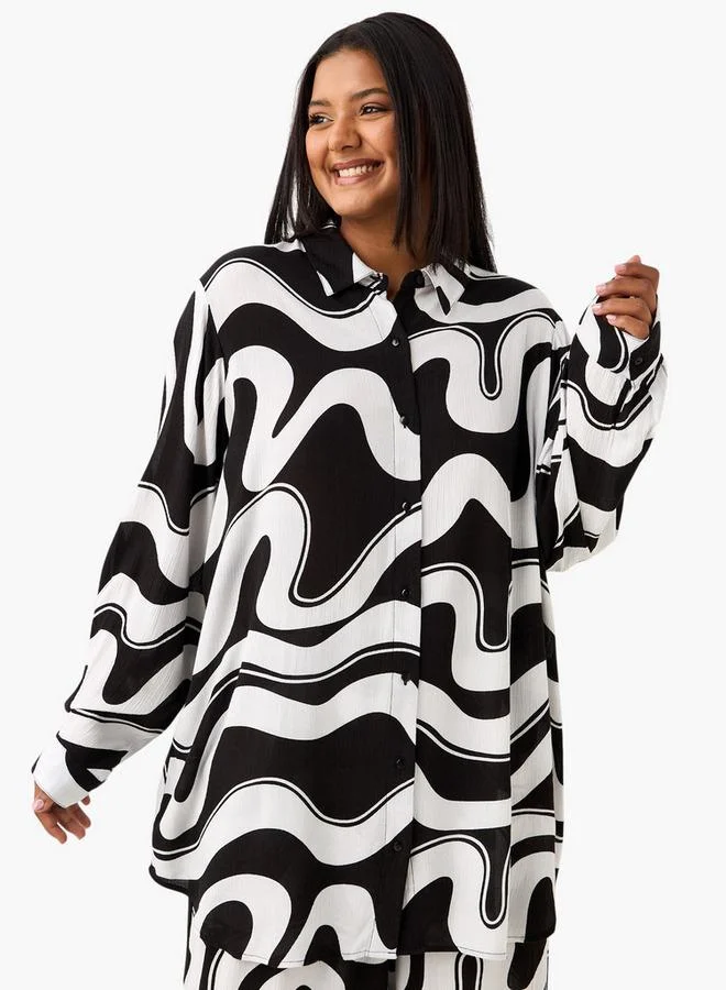 Ulla Popken Plus Size Ulla Popken All-Over Print Shirt with Long Sleeves